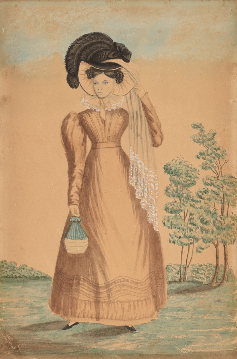 Kvinna med plymad hatt, ca. 1825. av Unbekannt