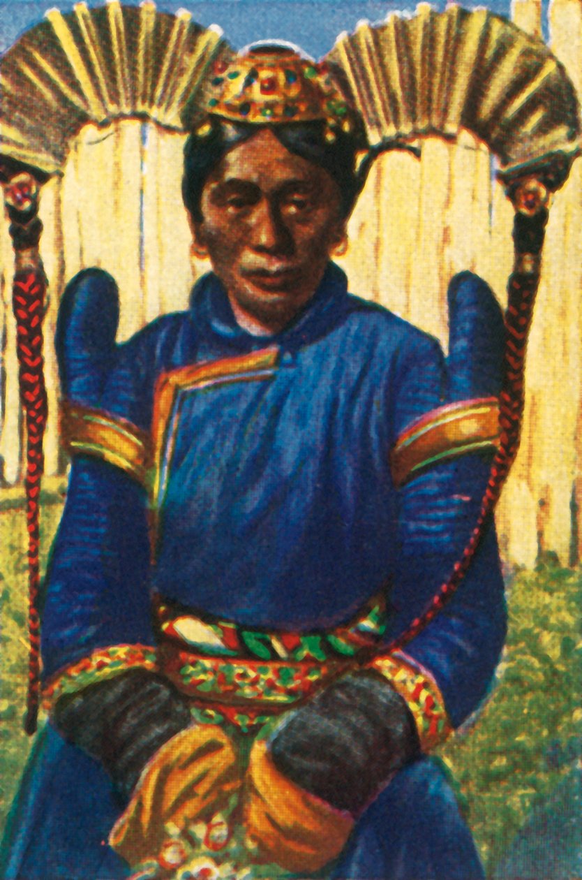 Kvinna med traditionell huvudbonad, Mongoliet, c1928. av Unbekannt