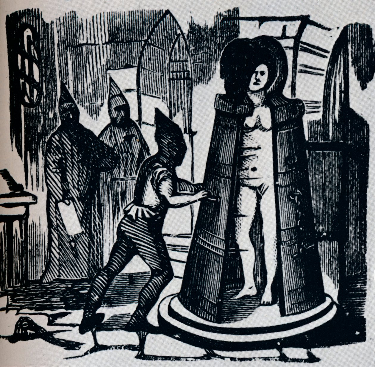 Träsnitt som visar Geuders Iron Maiden i en tortyrkammare, c1870 av Unbekannt