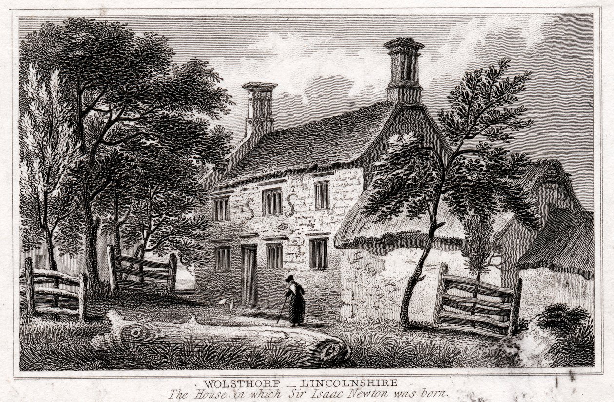 Woolsthorpe Manor, nära Grantham, Lincolnshire, födelseplats för Sir Isaac Newton, tidigt 1800-tal av Unbekannt
