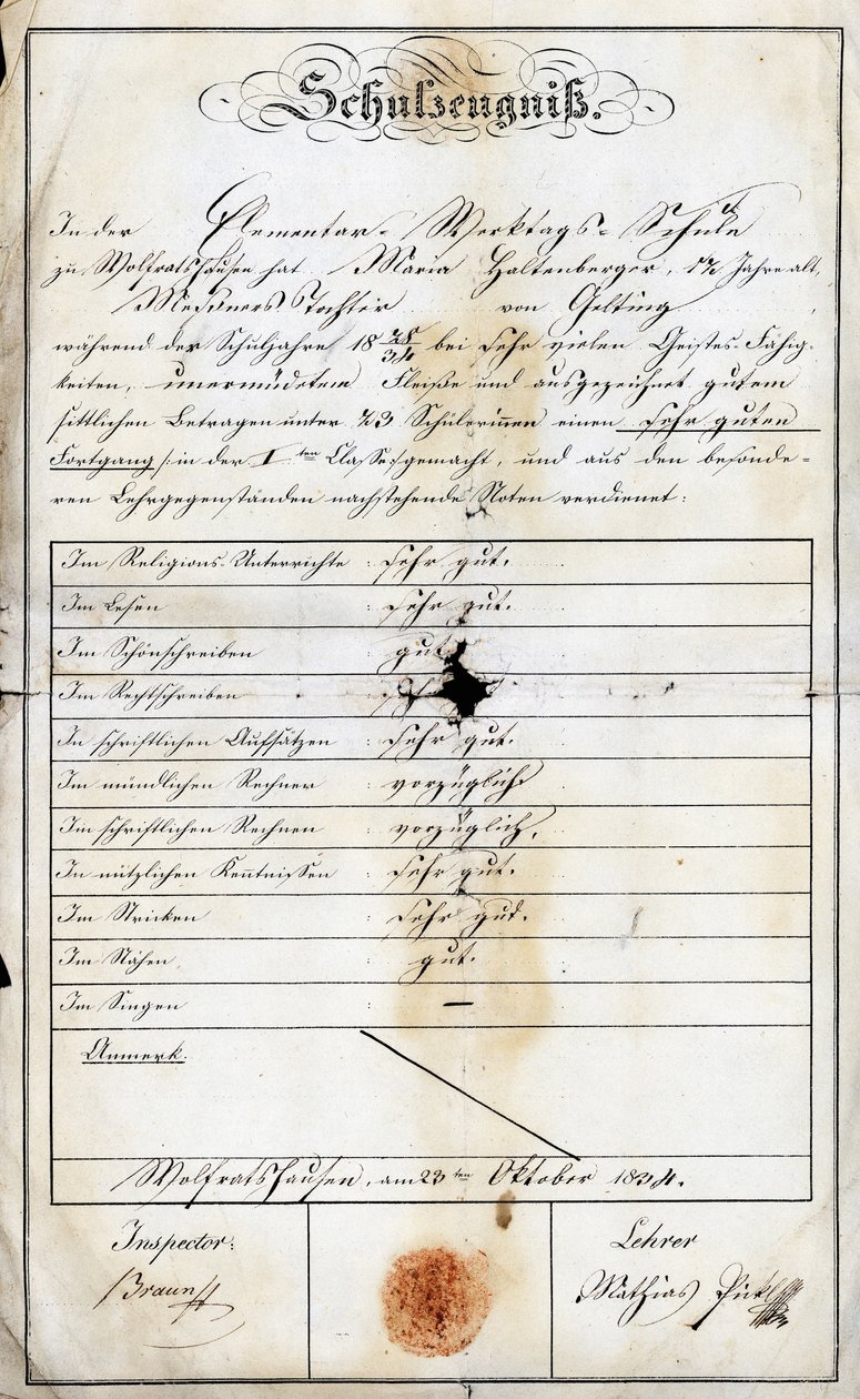 Årsavslutning från grundskolan på söndagen av en elev (Monika Haltenberger, sakristinen dotter), från en grundskola daterad 24 september 1840, Academie de Geretsried, Haute Baviere i Tyskland, Europa av Unbekannt