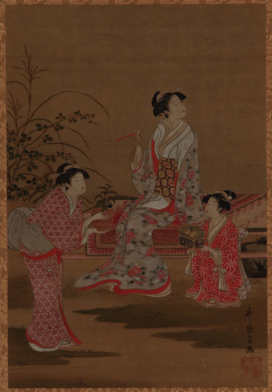 Ung kvinna, med två flickor, sittande i en trädgård, Edo-perioden, 1615-1868. av Unbekannt