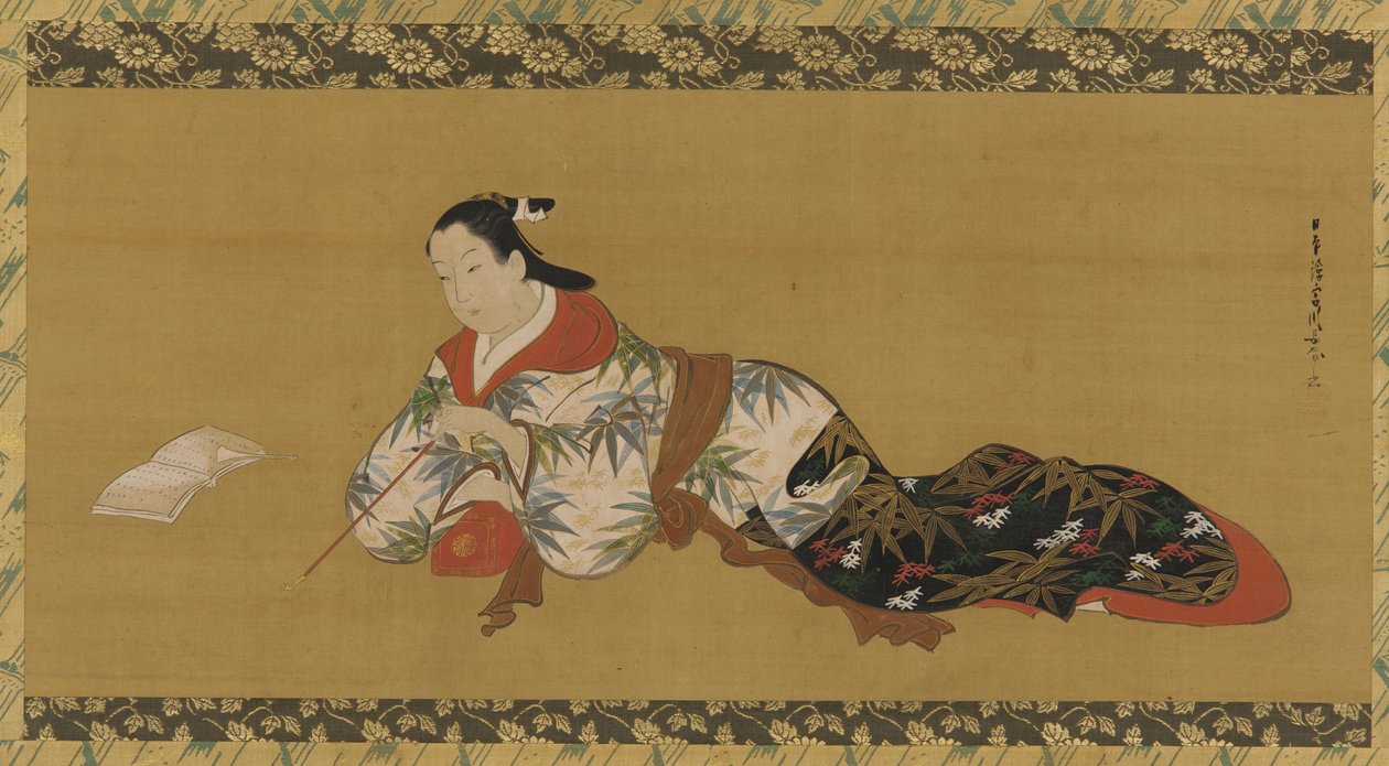 Yujo lutar sig tillbaka och läser ett musikaliskt partitur, Edo-perioden, 1615-1868. av Unbekannt
