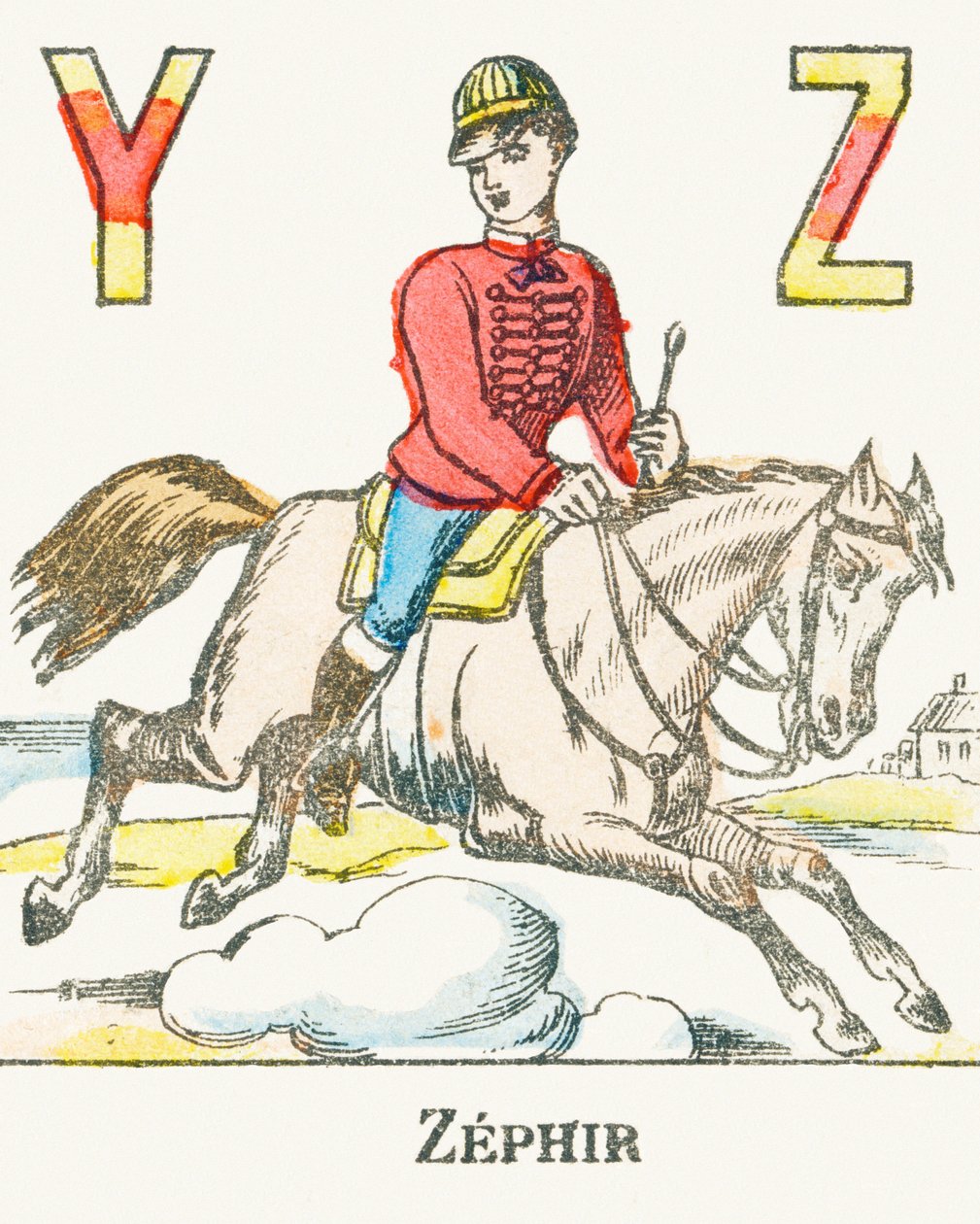 Z : Zephir, en ryttare som galopperar på sin häst vid namn Zephyr - Games Alphabet, c.1890 (gravyr) av Unbekannt