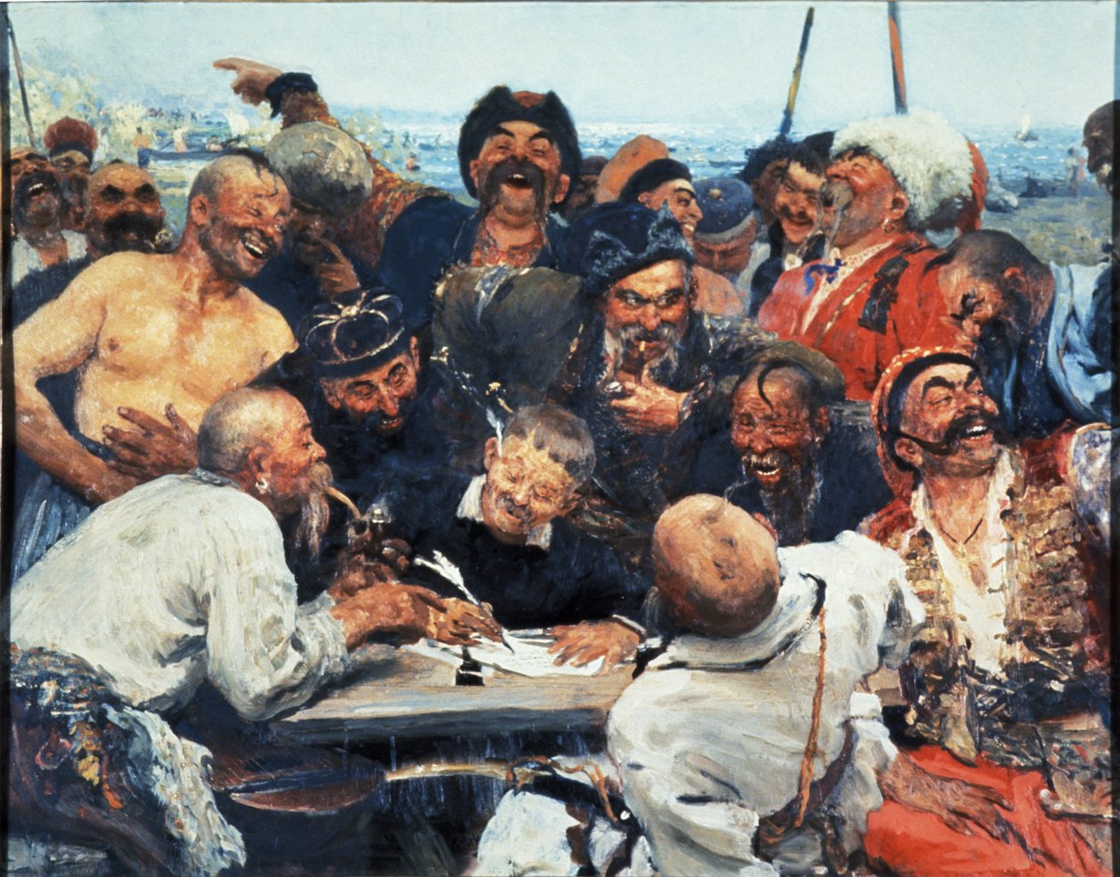 Zaporozhye kosacker skriver ett brev till den turkiska sultanen, målning av Ilya Repin. av Unbekannt
