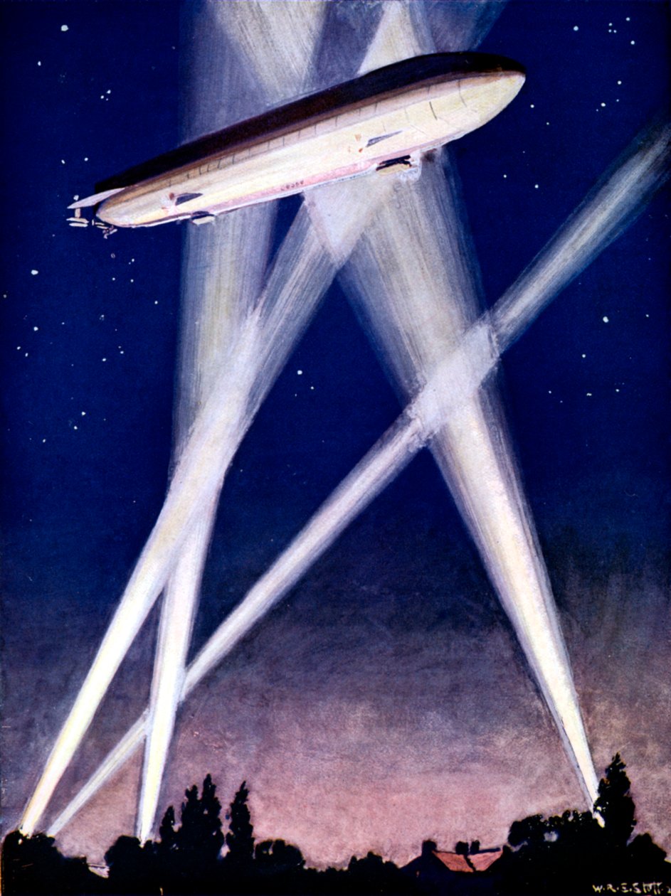 Zeppelin-luftskepp fångade i strålkastare under en bombräd över England, 1916 av Unbekannt