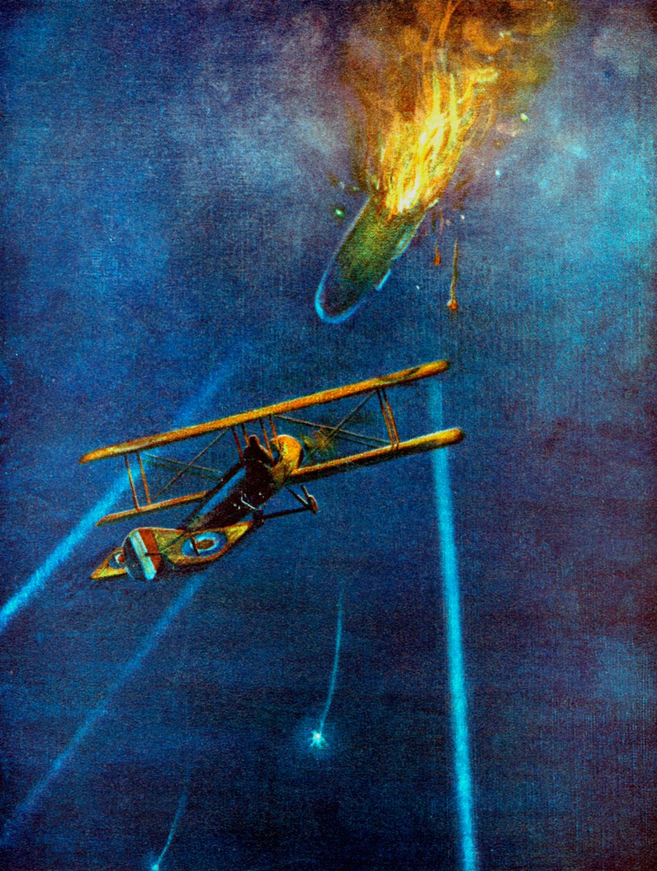Zeppelin-luftskepp sköts ner vid Cuffley, nära Enfield, under bombräd mot London, 1916 av Unbekannt