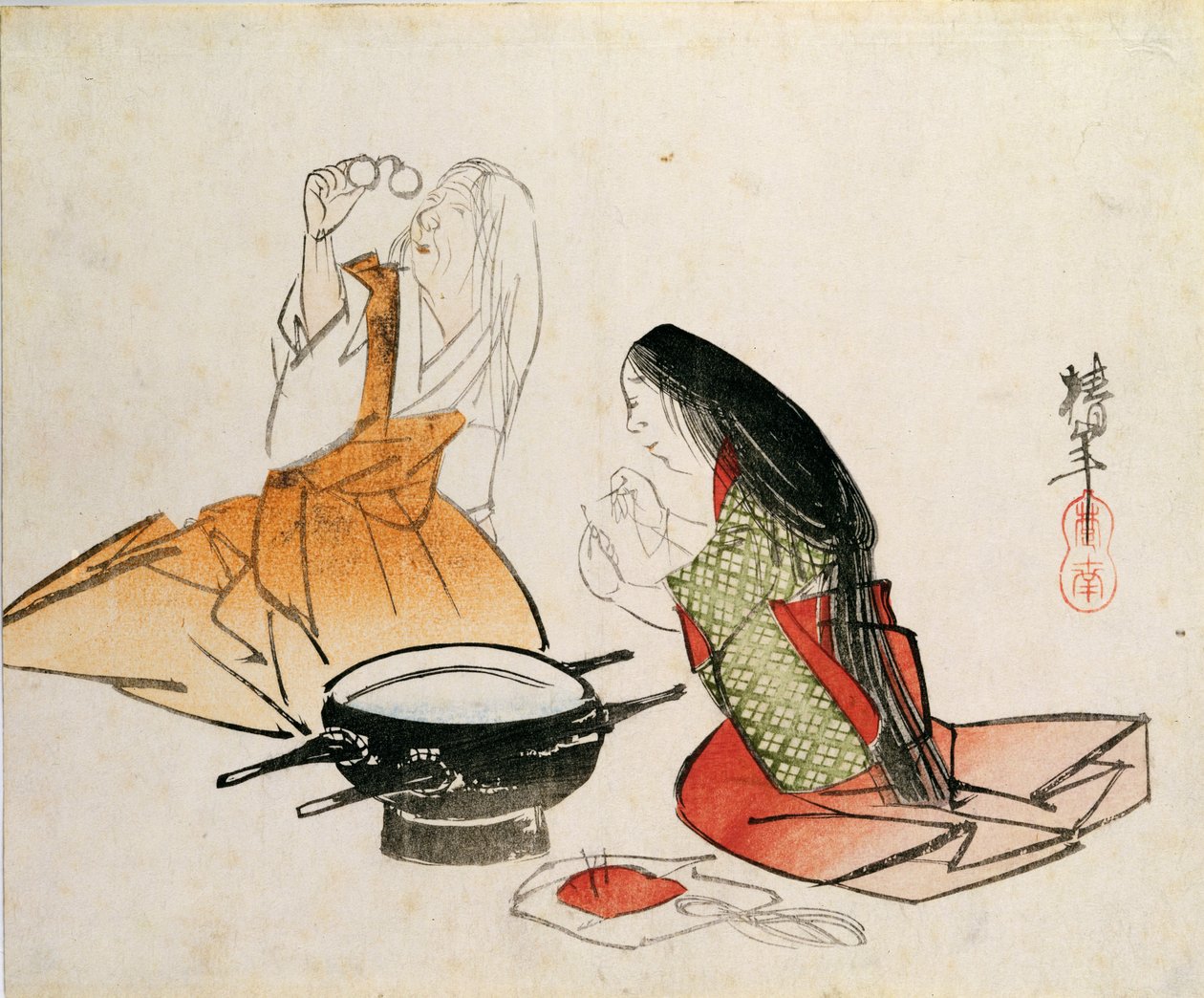 En ung kvinna som trär en nål av Chinnen (1792-1851), pub. c.1830, (chuban-storlek, färgträtryck) av Unbekannt Unbekannt