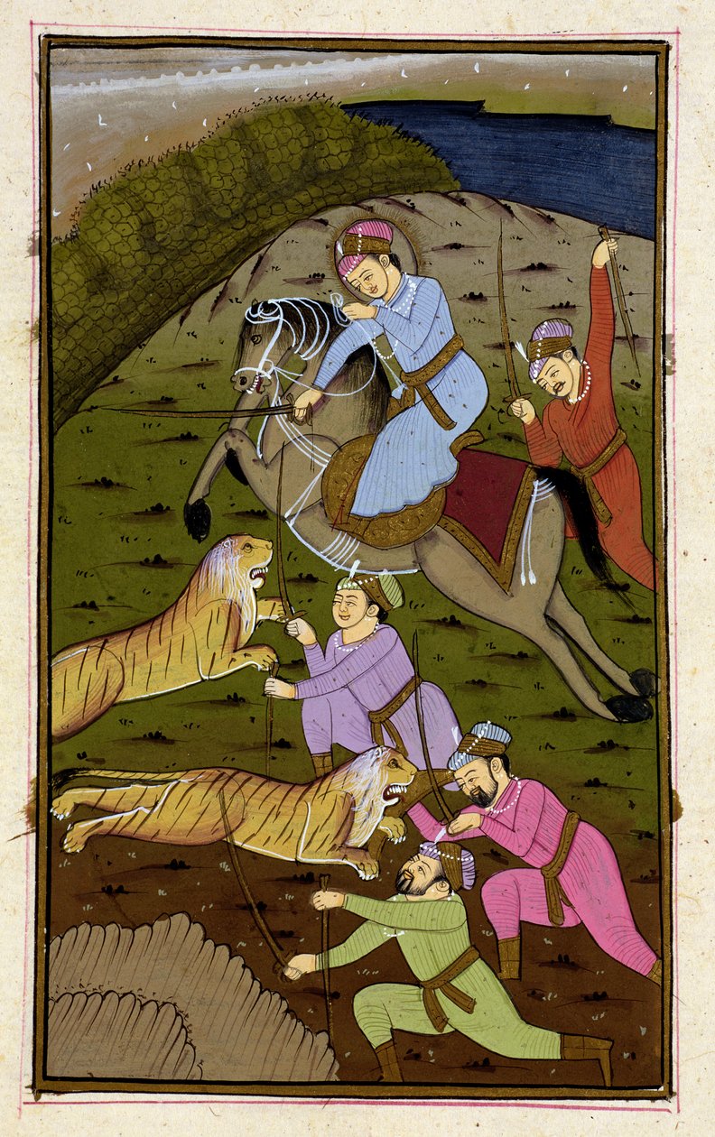 Akbar på tigerjakt från Akbarnama, Mughal, ca 1590, (illustrerad text) av Unbekannt Unbekannt
