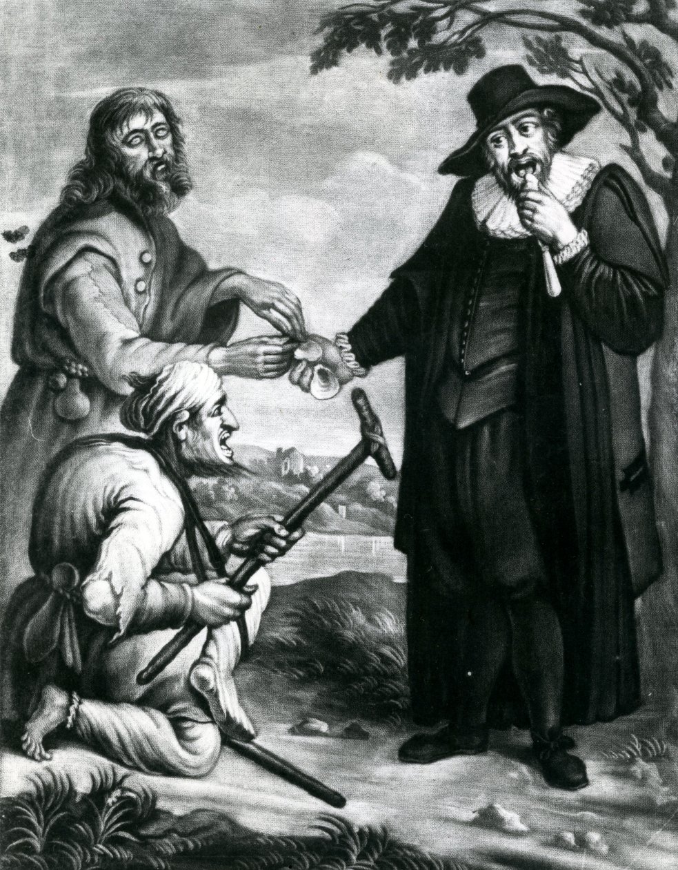 Blind målsägande, lame svarande andel, de vänliga lagarna opartisk vård, Ett skal för honom ett skal för dig, Mitten i advokatens arvode c.1700-40 (mezzotint) av Unbekannt Unbekannt