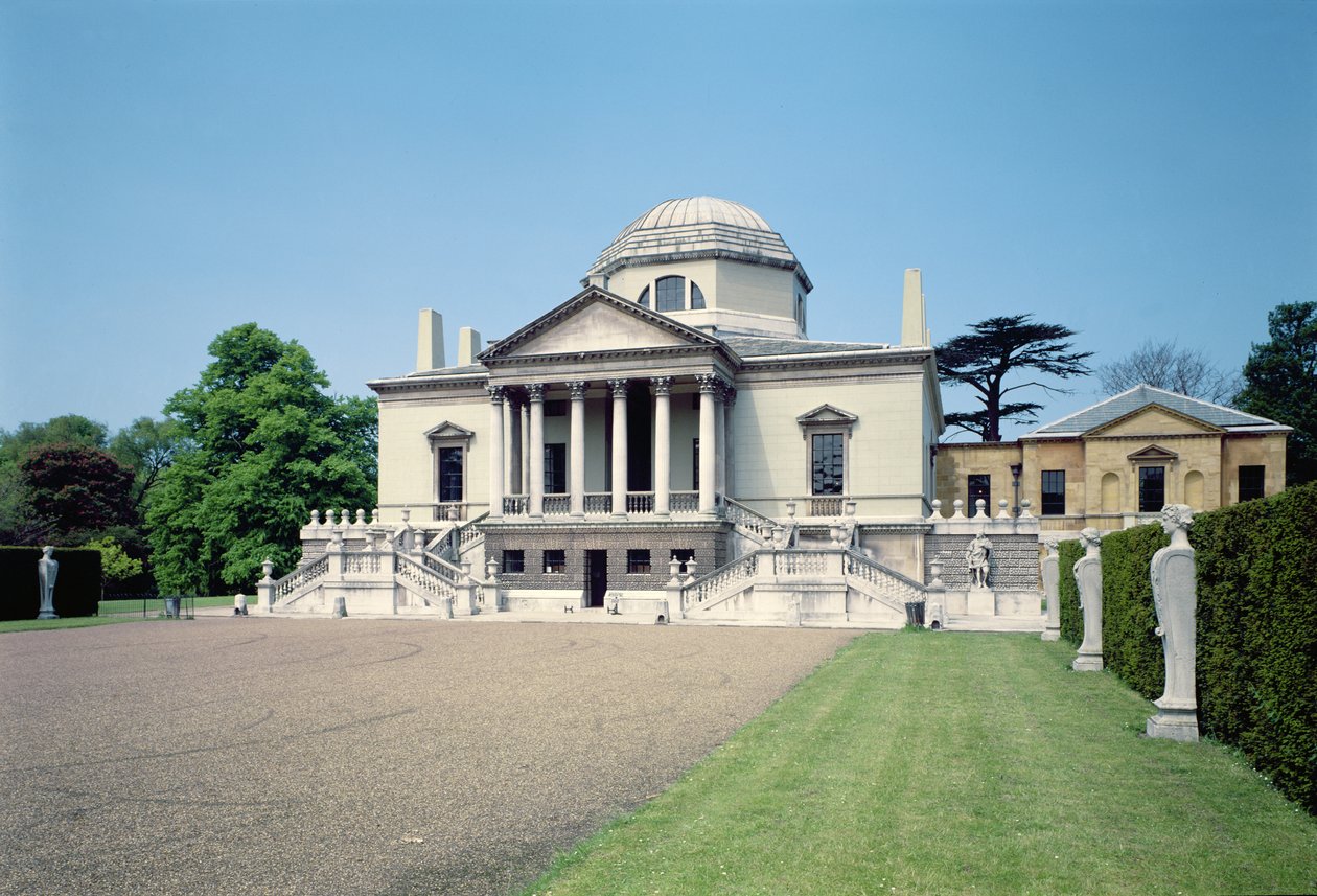 Exteriör vy av östfronten av Chiswick House, London, (1725-29), byggd av Lord Burlington, 3:e earl av (Richard Boyle) (1694-1753) av Unbekannt Unbekannt