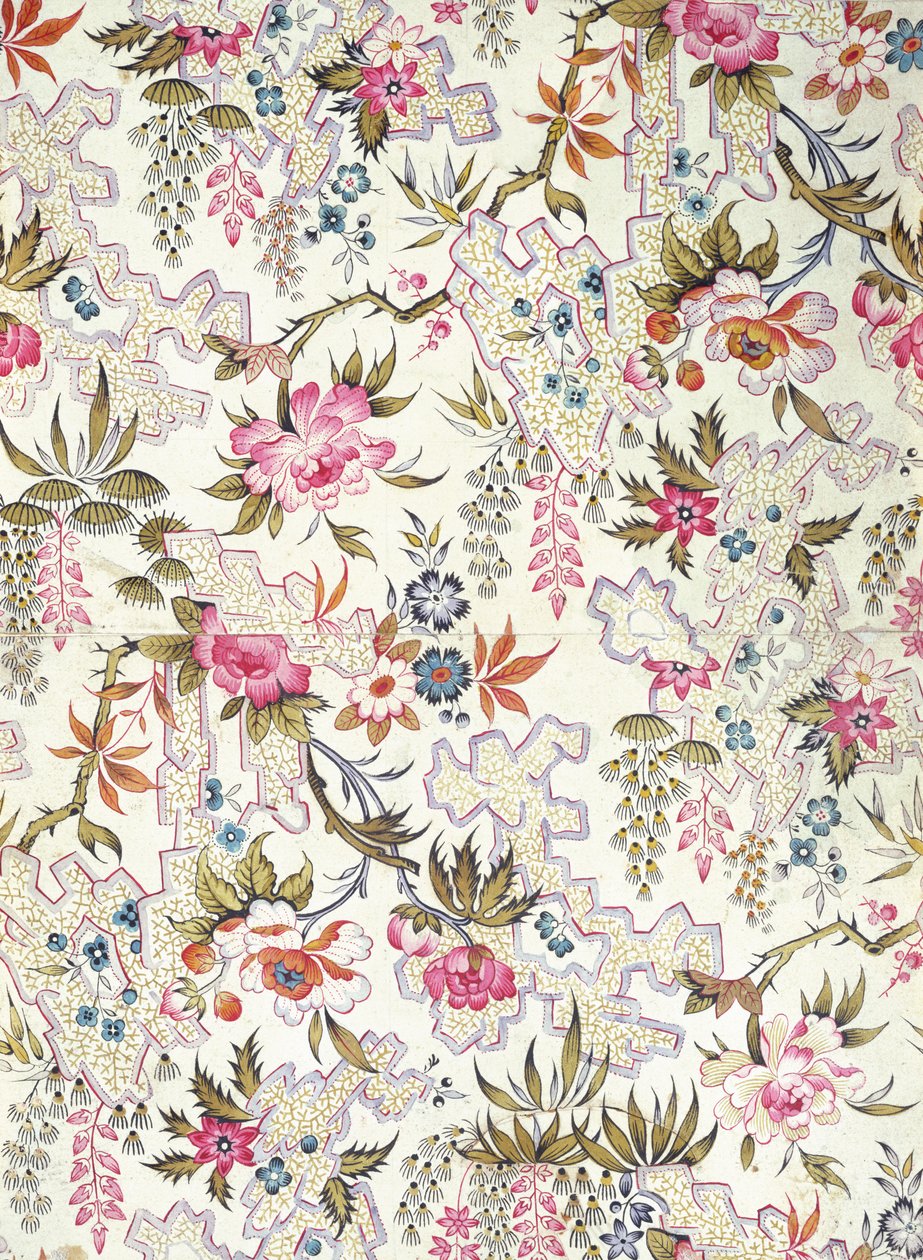 Blommönster för sidenmaterial med stiliserade blommor och markmönster av slingrar fyllda med små sjögräs av William Kilburn, ca 1790 av Unbekannt Unbekannt