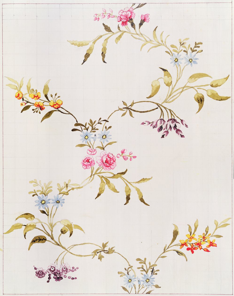 Blommönster av nejlikor och rosor för ett sidenmaterial som ska vävas på Spitalfields, av Anna Maria Garthwaite (1690-1763), 1744 (wc på papper, kvadratisk för överföring) av Unbekannt Unbekannt