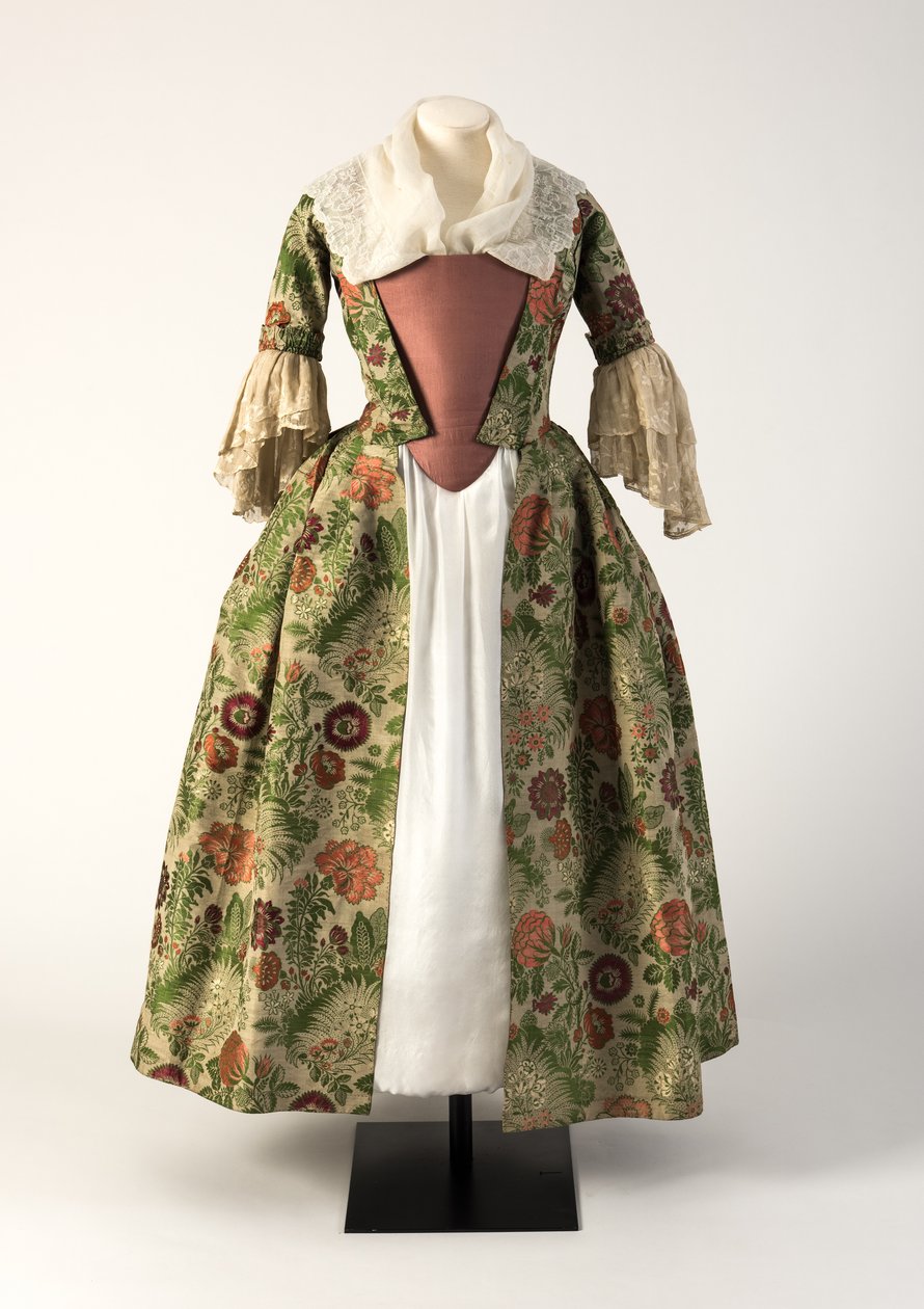 Grön och rosa brokadvävd öppen mantel i siden, 1730-tal (silke) av Unbekannt Unbekannt