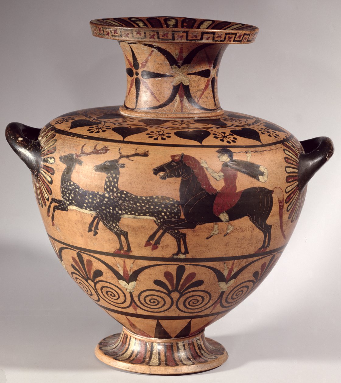 Hydria, jaktscen, arkaisk grekisk, svartfigurerad etruskisk-jonisk period, c.540-530 f.Kr. (keramik) av Unbekannt Unbekannt