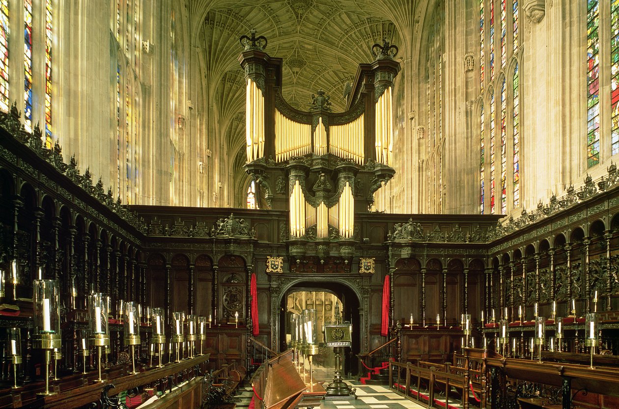 Interiörvy som visar gång och orgel, Kings College Chapel, Cambridge av Unbekannt Unbekannt