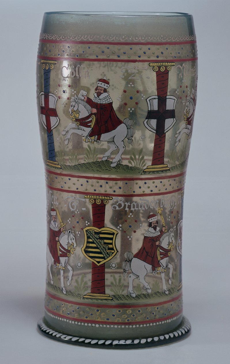 Kurfuersten Hupen (tyskt valglas) emaljerat med scener av kejsare och sju kurfurstar som rider på vita hästar, Bohemian, 1625 av Unbekannt Unbekannt