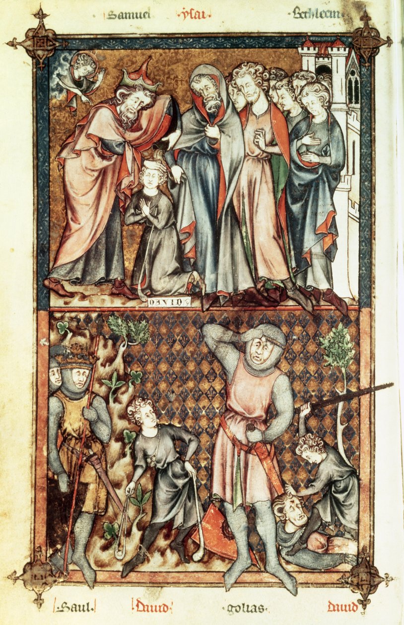 Lat 1023 f.7v David och Goliat med Saul av Le Bel de Breviare av Unbekannt Unbekannt
