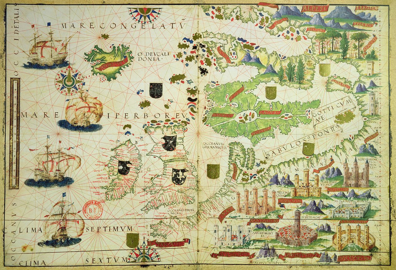Karta över Europa, från en faksimil av "Miller Atlas" av Pedro och Jorge Reinel, och Lopo Homem, gjord 1519 av Unbekannt Unbekannt