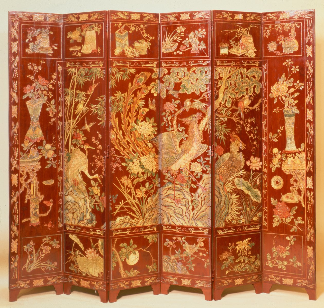 Pastoral scen, (röd lackduk med förgyllt chinoiserie) av Unbekannt Unbekannt