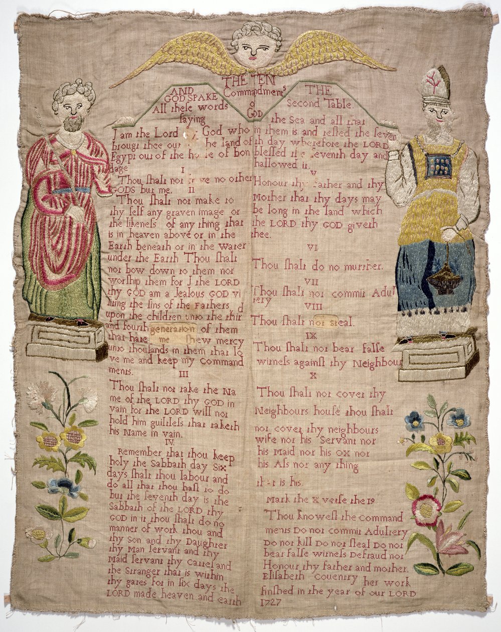 Sampler, föreställande de tio budorden, av Elizabeth Coventry, engelska, 1727 (färgat siden på linne) av Unbekannt Unbekannt