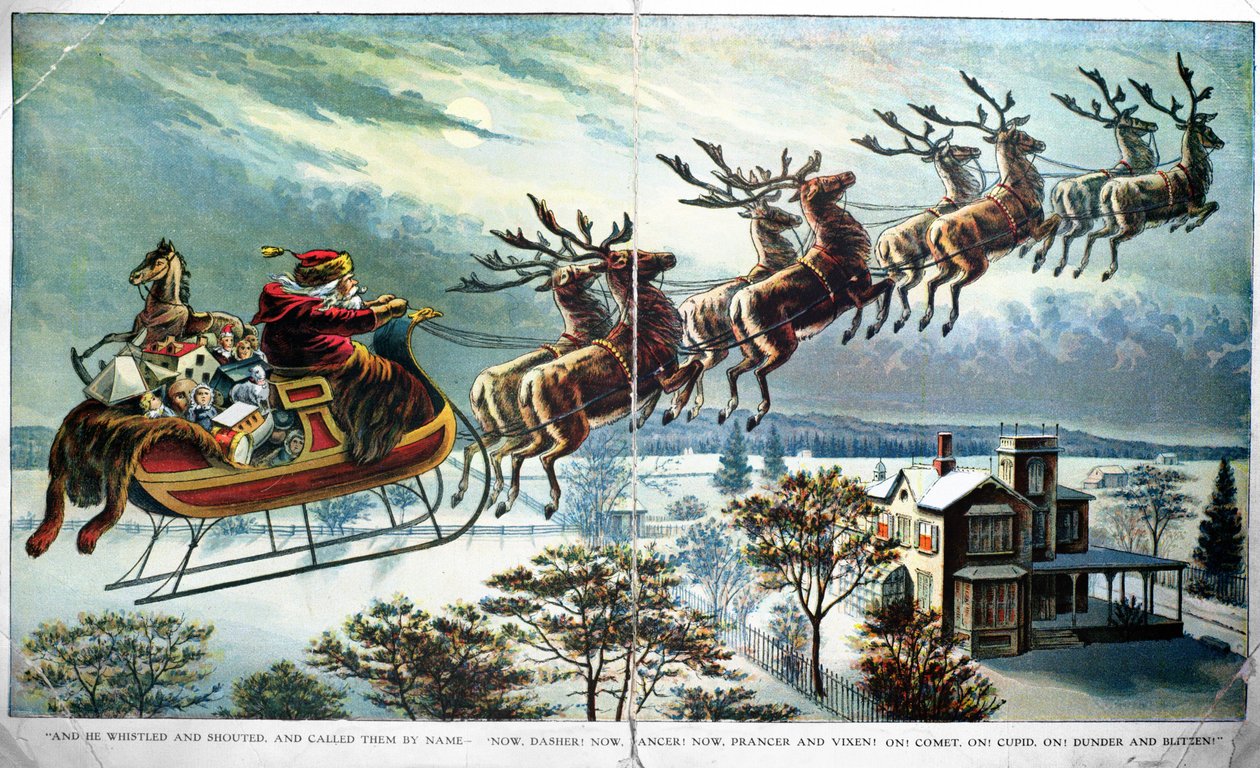 Tomtens första utflykt med släde och renar, illustration för A Visit from St. Nicholas, av Clement Clarke Moore (1779-1863) 1890-talet av Unbekannt Unbekannt