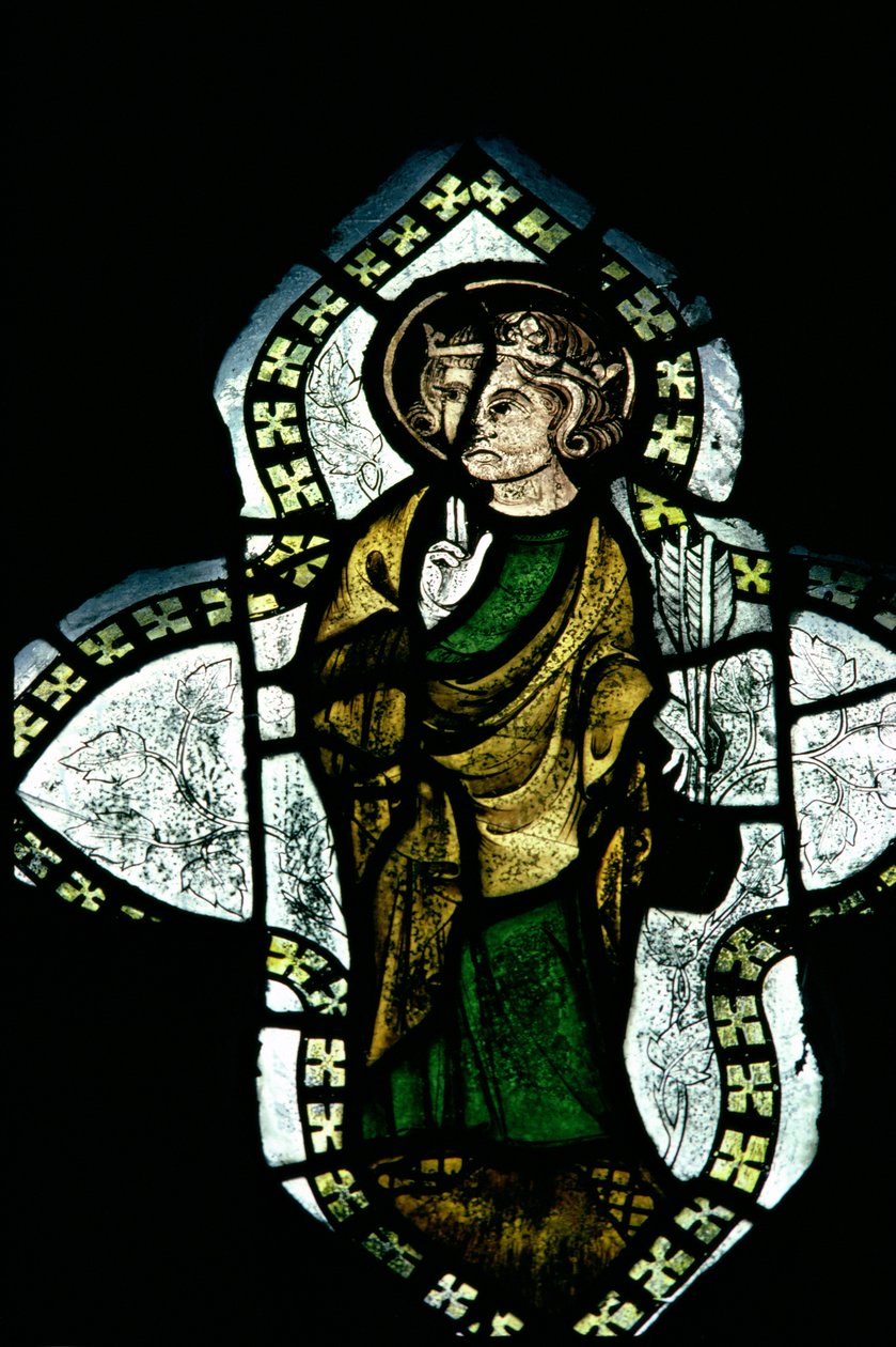 S:t Edmund, krönt och nimbed, bärandes pilar av hans martyrskap, 1300-tals målat glas av Unbekannt Unbekannt