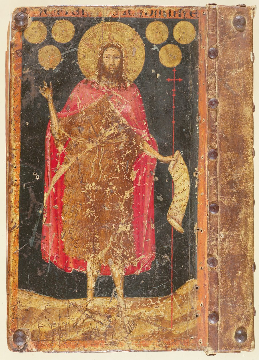 Johannes Döparen med guldfloriner, från omslaget till Konstitutioner och stadgar för myntmakarnas Guild, c.1380 av Unbekannt Unbekannt