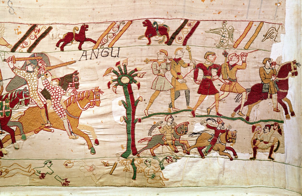 Engelsmännen vänder i flykten efter kung Harolds död, Bayeux Tapestry av Unbekannt Unbekannt