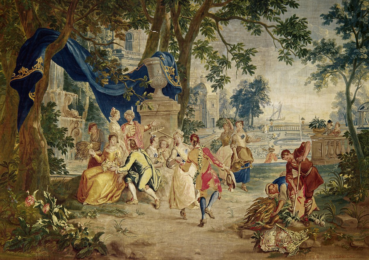 Byn Fete efter D.Teniers, vävd av LeClerc och J.van der Borg, sent 1600-tal, landskapsmiljö troligen designad av Lucas Achtschelling av Unbekannt Unbekannt
