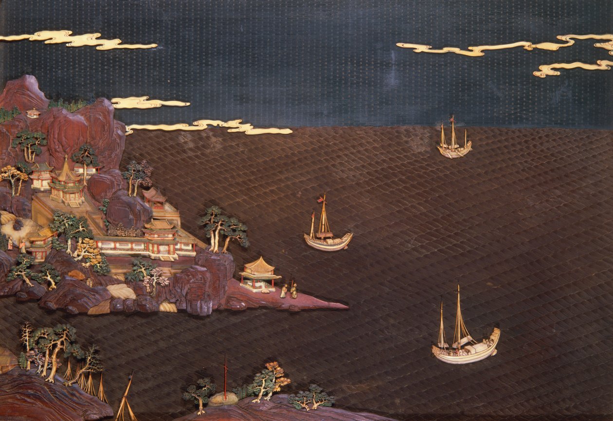 Bricka med marin scen från ett samtida tryck, blöjarbete, ca 1785 (lack) av Unbekannt Unbekannt