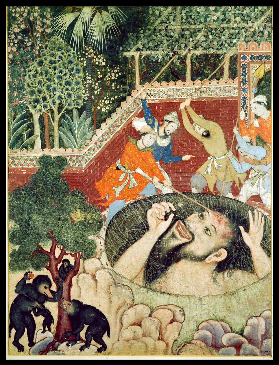 Zumrud Shah faller i en grop och blir slagen av trädgårdsmästare, från Hamzanama (boken om Hamza), från Indien eller Pakistan, ca 1562-77 (ogenomskinlig wc på bomull) av Unbekannt Unbekannt