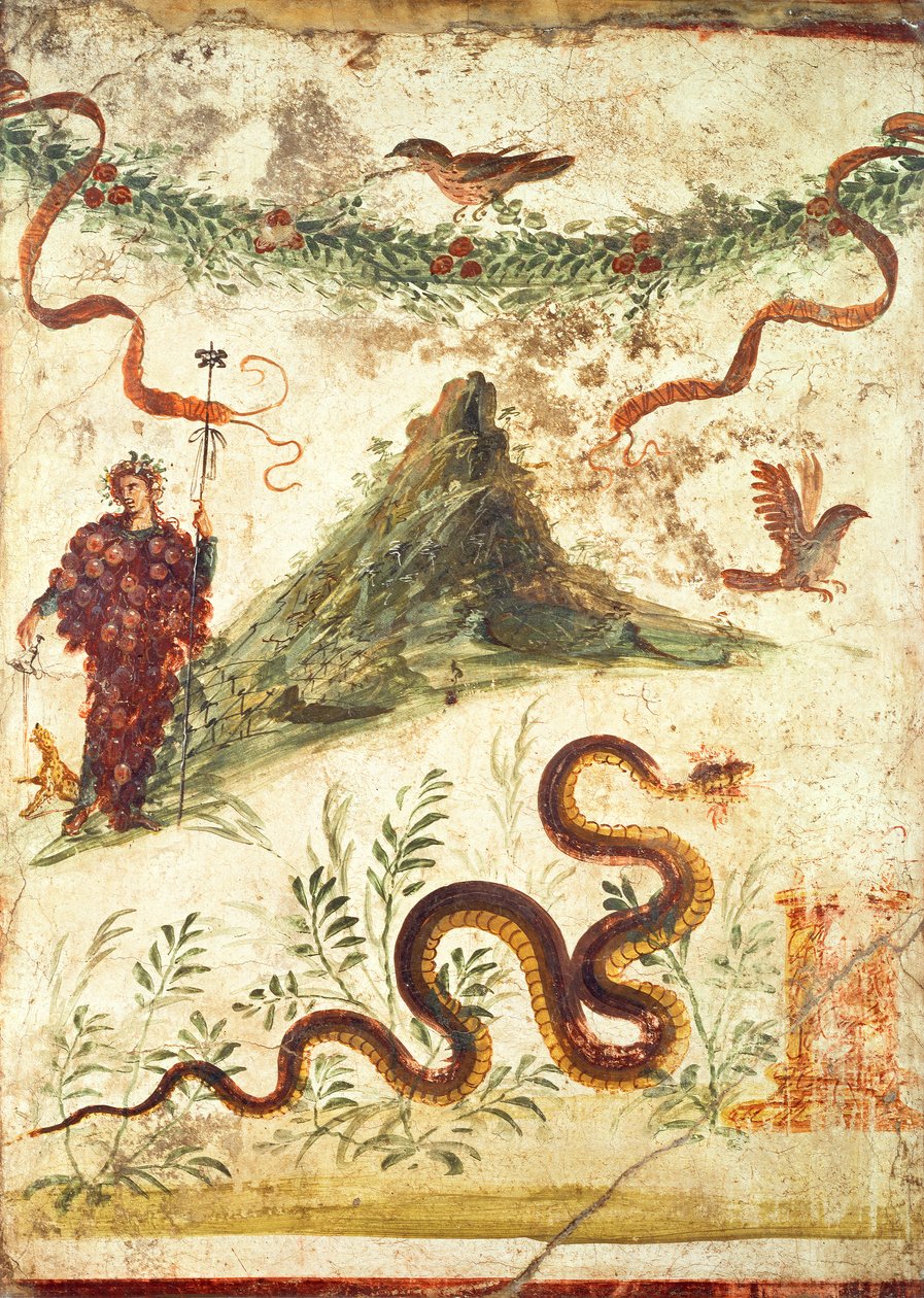 Bacchus står framför Vesuvius, från Hundraårsdagens hus, Pompeji, fjärde stilen, 1:a århundradet e.Kr. av Unbekannt Unbekannt
