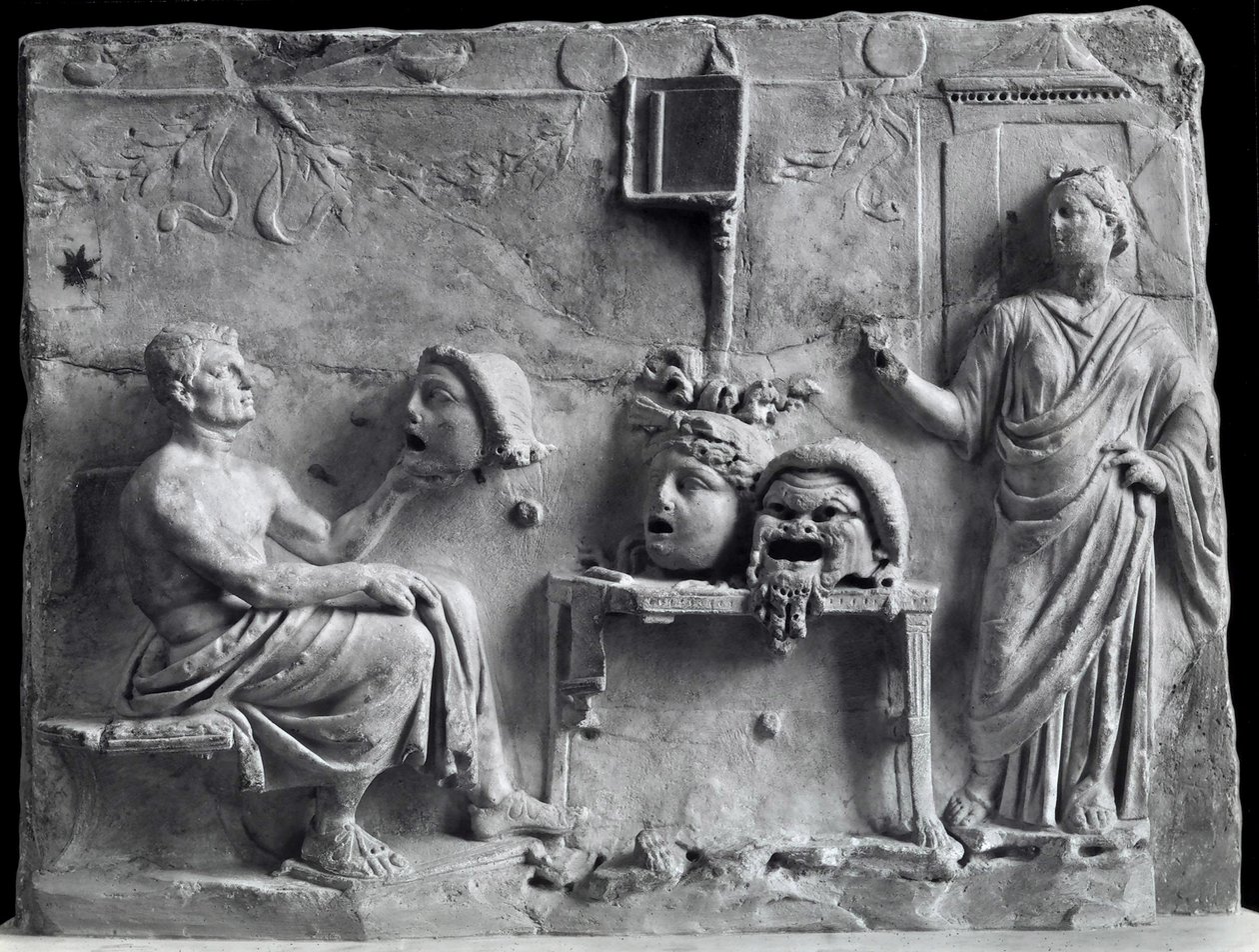 Relief föreställande Menander med teatraliska masker, kopia av ett grekiskt original av Unbekannt Unbekannt