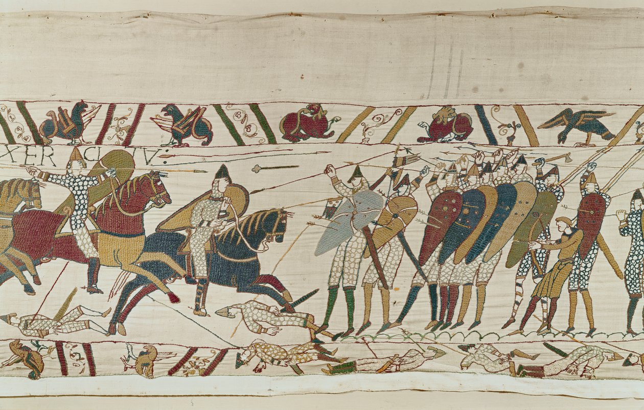 Slaget förenas när Normanska kavalleriet angriper den engelska sköldmuren, Bayeux Tapestry av Unbekannt Unbekannt