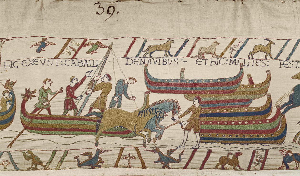 Lossning av hästar från de normandiska fartygen, Bayeux Tapestry av Unbekannt Unbekannt