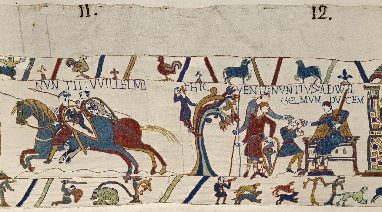 Beväpnade ryttare från Duke William anländer för att eskortera Harold till honom, Bayeux Tapestry av Unbekannt Unbekannt