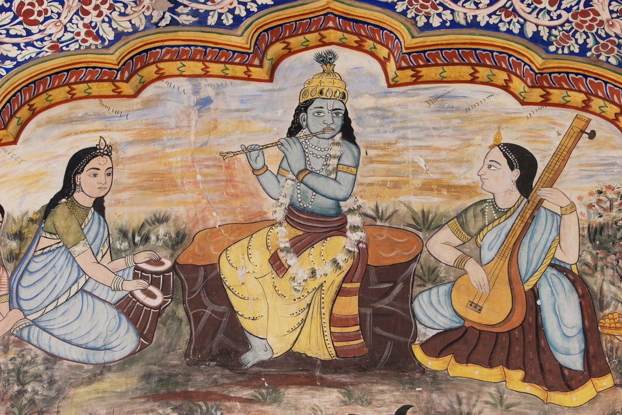 Detalj av målningar längs innergården till Nawalgarh Podar Haveli Museum, Nawalgarh, Rajasthan, Indien av Unbekannt Unbekannt