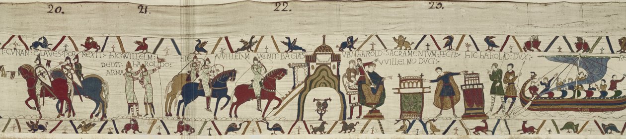 Hertig William tar emot Dinans nycklar och ger vapen till Harold som svär trohet till William i Bayeux, Bayeux Tapestry av Unbekannt Unbekannt