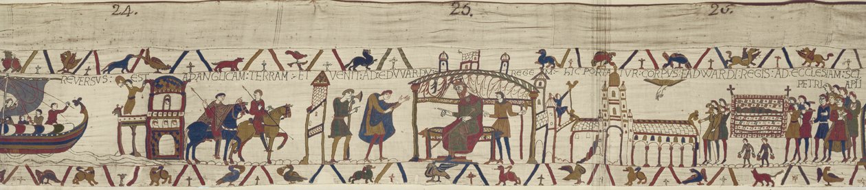 Earl Harold återvänder till England och besöker kung Edward Bekännaren vars kropp bärs till St. Peterskyrkan, Bayeux Tapestry av Unbekannt Unbekannt