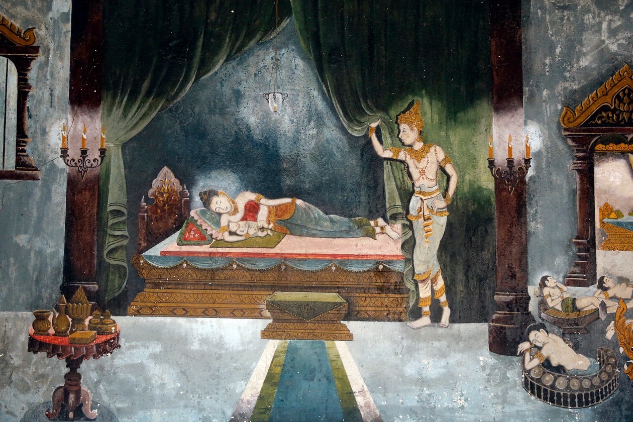 Fresk som skildrar en scen av Buddhas liv i Wat Phra Doi Suthep, Chiang Mai. Buddha som prins Siddharta lämnar sin fru och sitt barn. Thailand. av Unbekannt Unbekannt
