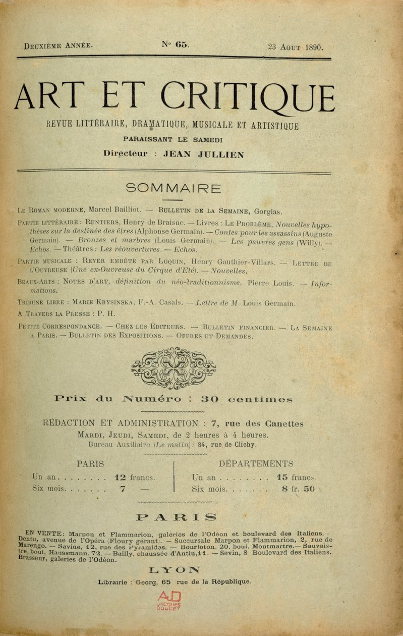 Frontispice av tidningen "Art et Critique", 23 augusti 1890 av Unbekannt Unbekannt