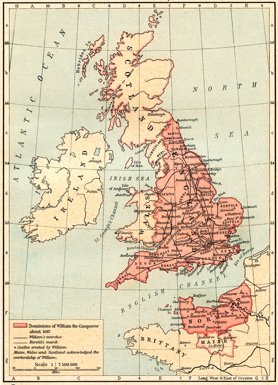 Karta över Storbritannien som visar Vilhelm Erövrarens herravälde, ca 1087, från Historical Atlas, publicerad 1923 av Unbekannt Unbekannt