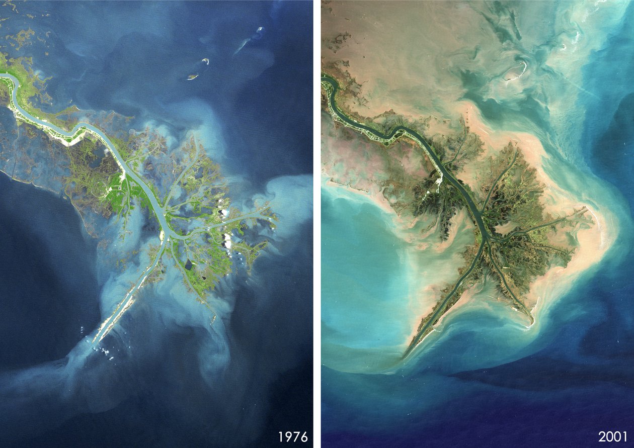 Mississippi River Delta, Louisiana, USA 1976 och 2001 av Unbekannt Unbekannt