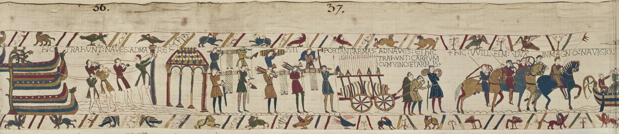 Normander som bär vapen till skeppen och drar en vagn lastad med vin och vapen, Bayeux Tapestry av Unbekannt Unbekannt