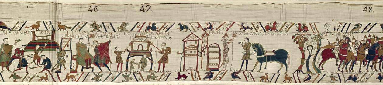 Normander bygger befästningar vid Hastings och, när de hörde nyheterna om Harold, gav de sig ut i strid, Bayeux Tapestry av Unbekannt Unbekannt