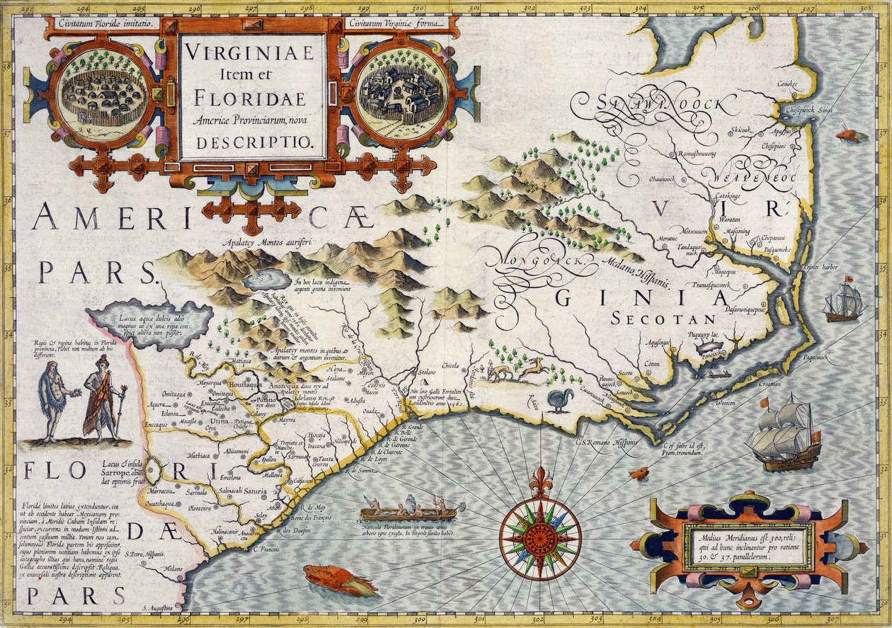 North Carolina, med titeln "Virginiae item et Floridae" från Mercator "Atlas..." från 1606, pub. av Jodocus Hondius, 1619 av Unbekannt Unbekannt