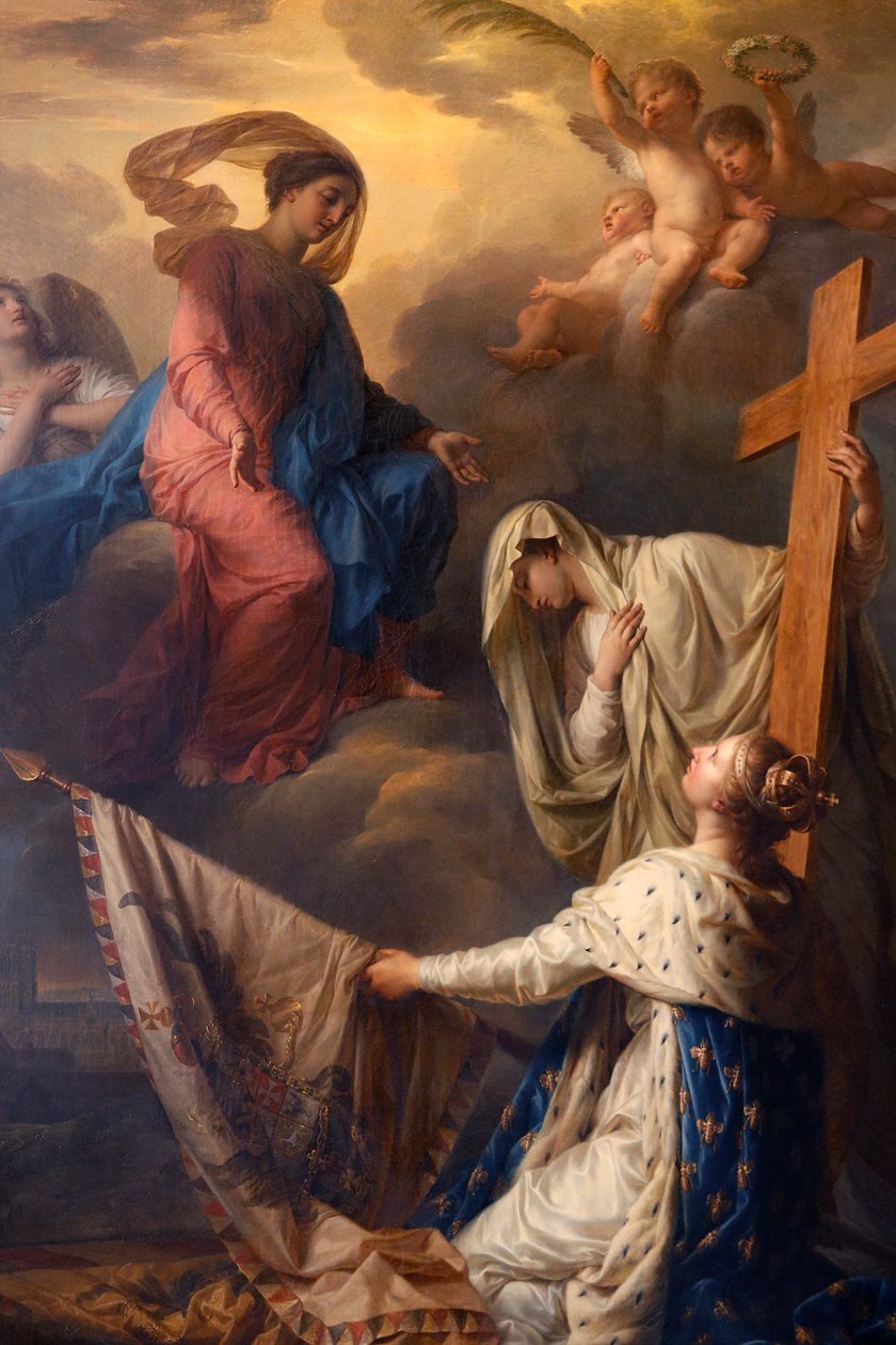 Notre-Dame du Val-de-Grace katolska kyrkan, Paris, Frankrike, Målning: "La France lutar sig mot religion helgar till Notre-Dame-des-Gloires flaggor hämtade från "fienden", Olja på duk av Jean -Charles Nicaise- Perrin, 1806, beställd av Napoleon I av Unbekannt Unbekannt