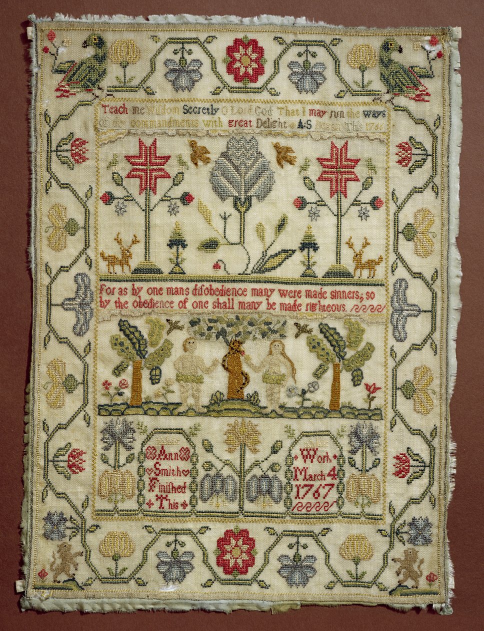 T.37-1938 Sampler, 1766-67, av Ann Smith, engelska av Unbekannt Unbekannt