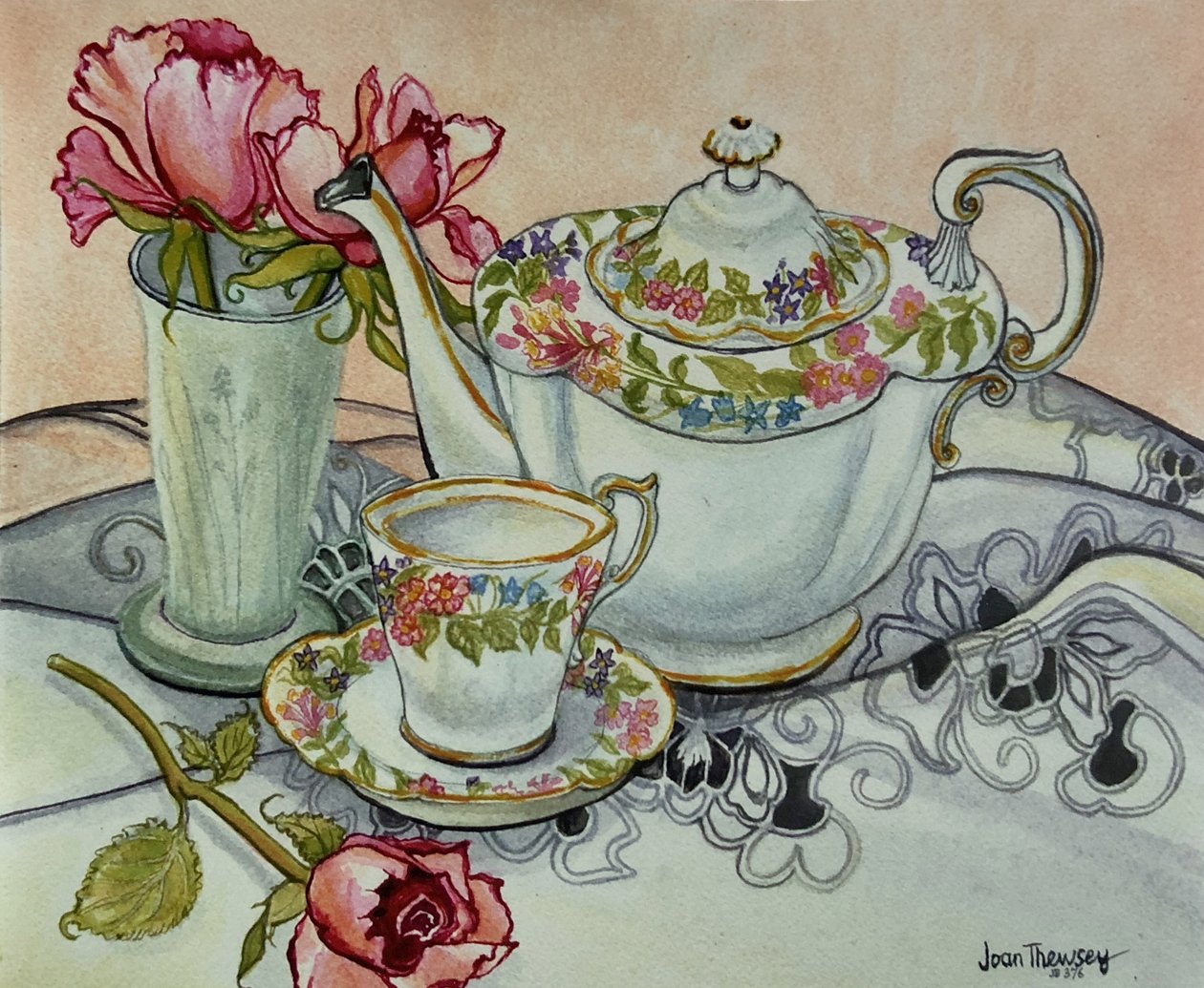 Teatime med rosor och en skuren trasa, av Unbekannt Unbekannt
